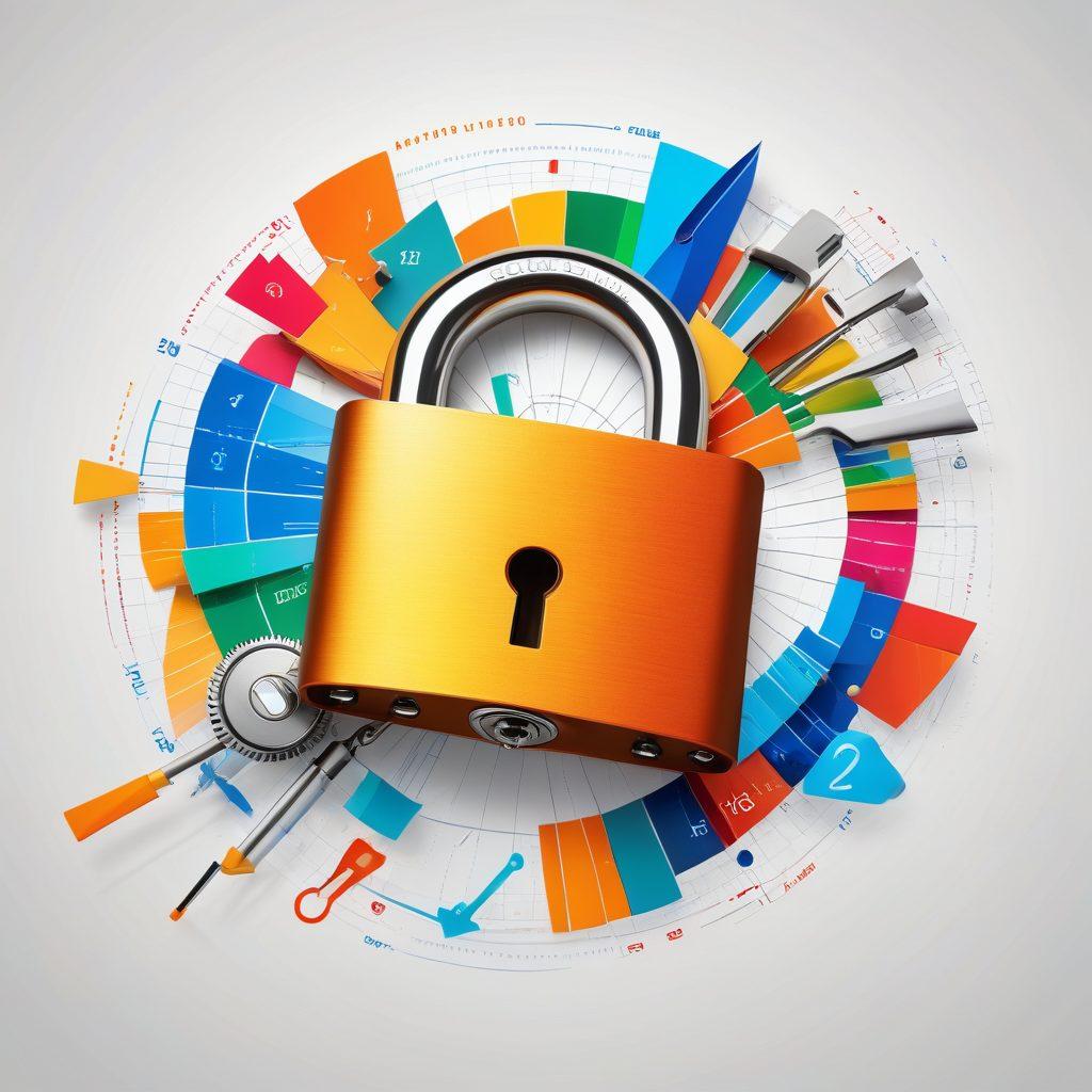 A visually striking collage that features various analytics tools like graphs, charts, and data dashboards emerging from a padlock that is being unlocked. Include vibrant colors to represent the energy of data analysis, with elements of performance tracking and SEO optimization symbolized by upward trending arrows and search magnifying glasses. The background should be modern and tech-inspired to convey innovation in data tools. super-realistic. vibrant colors. white background.