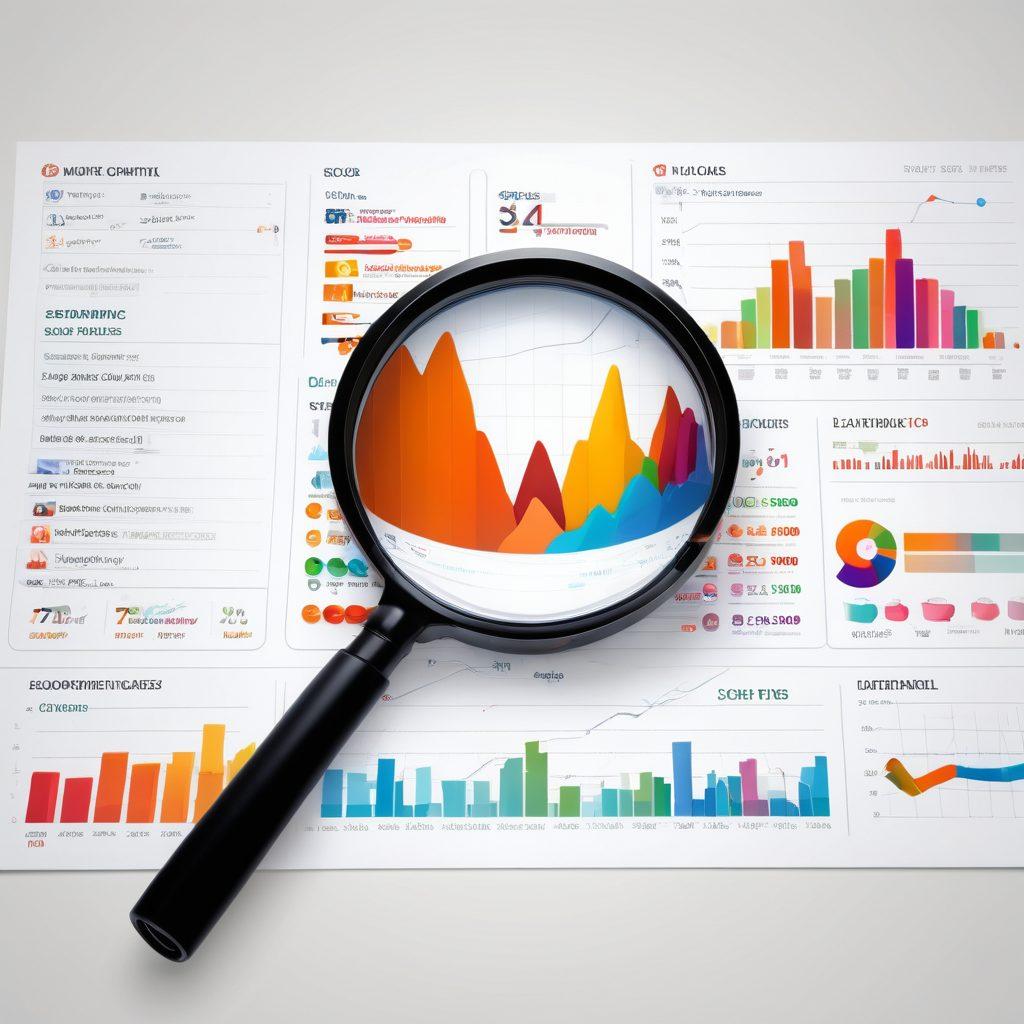 A magnifying glass focusing on a digital screen displaying various SEO metrics like graphs, charts, and keywords. The background is filled with interconnected nodes symbolizing web traffic and analytics, while dollar signs subtly appear to represent revenue growth. The composition is dynamic, showcasing the importance of tracking and maximizing reach. super-realistic. vibrant colors. white background.